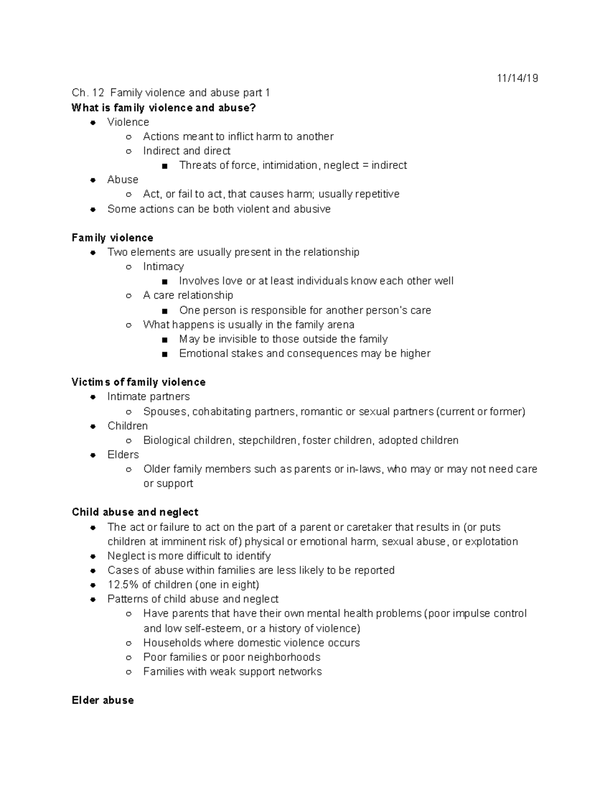 HDFS notes exam 5 - 11/14/ Ch. 12 Family violence and abuse part 1 What ...