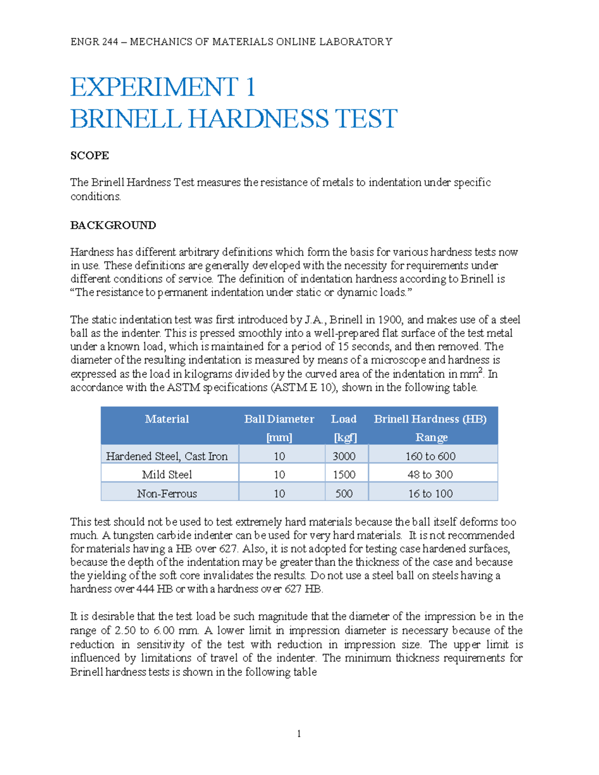 Experiment Description 1 ENGR 244 EXPERIMENT 1 BRINELL HARDNESS TEST