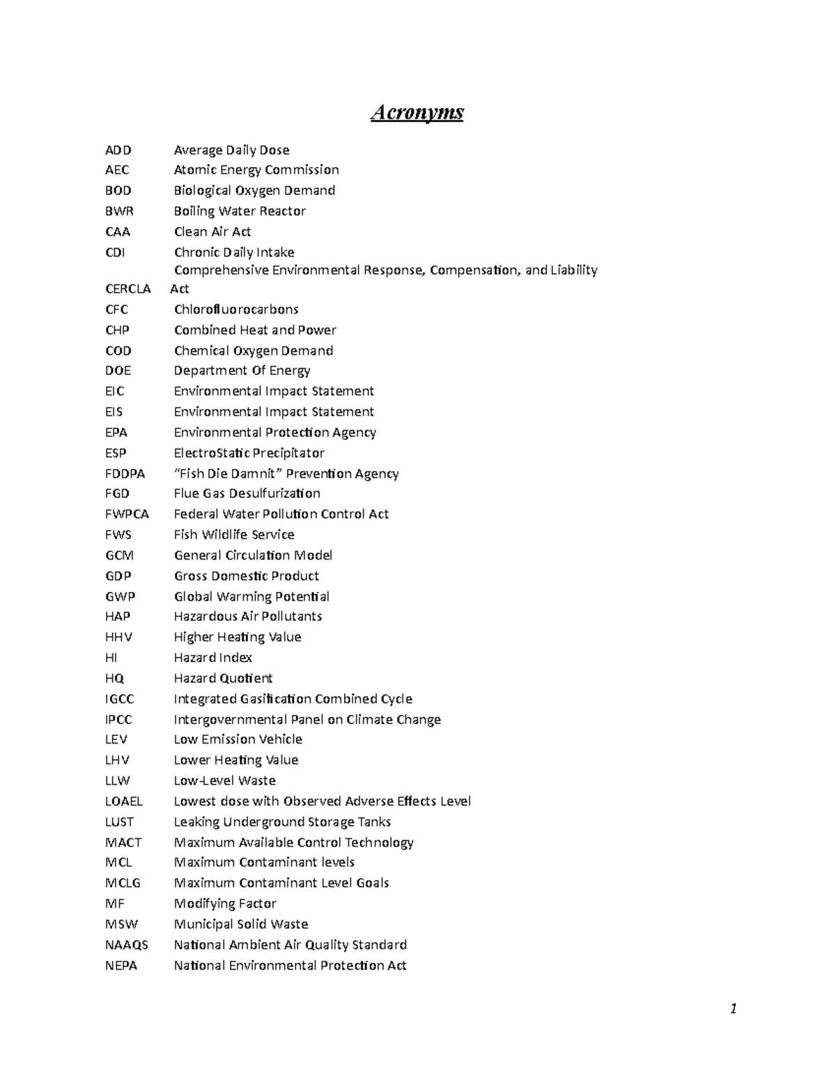 Acronyms Alphabetical Oreder Acronyms ADD AEC BOD BWR CAA CDI CERCLA
