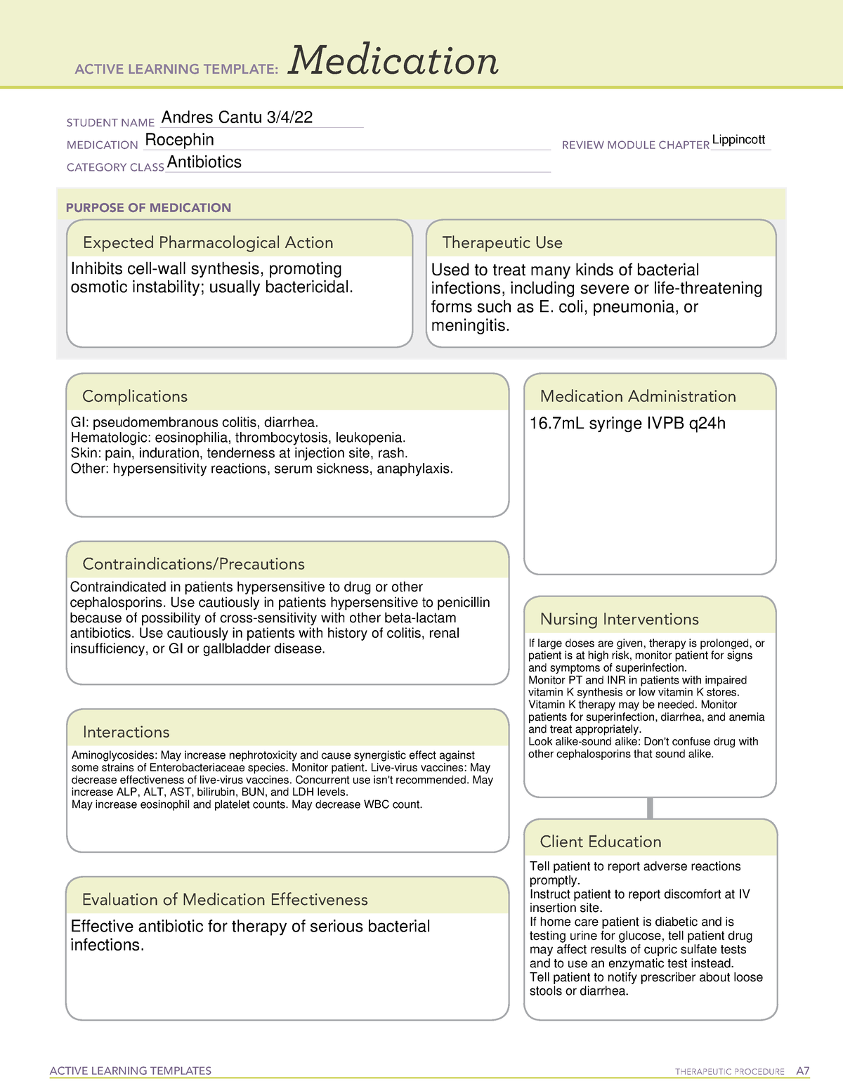 ATI Med Form, Rocephin informational use ACTIVE LEARNING TEMPLATE