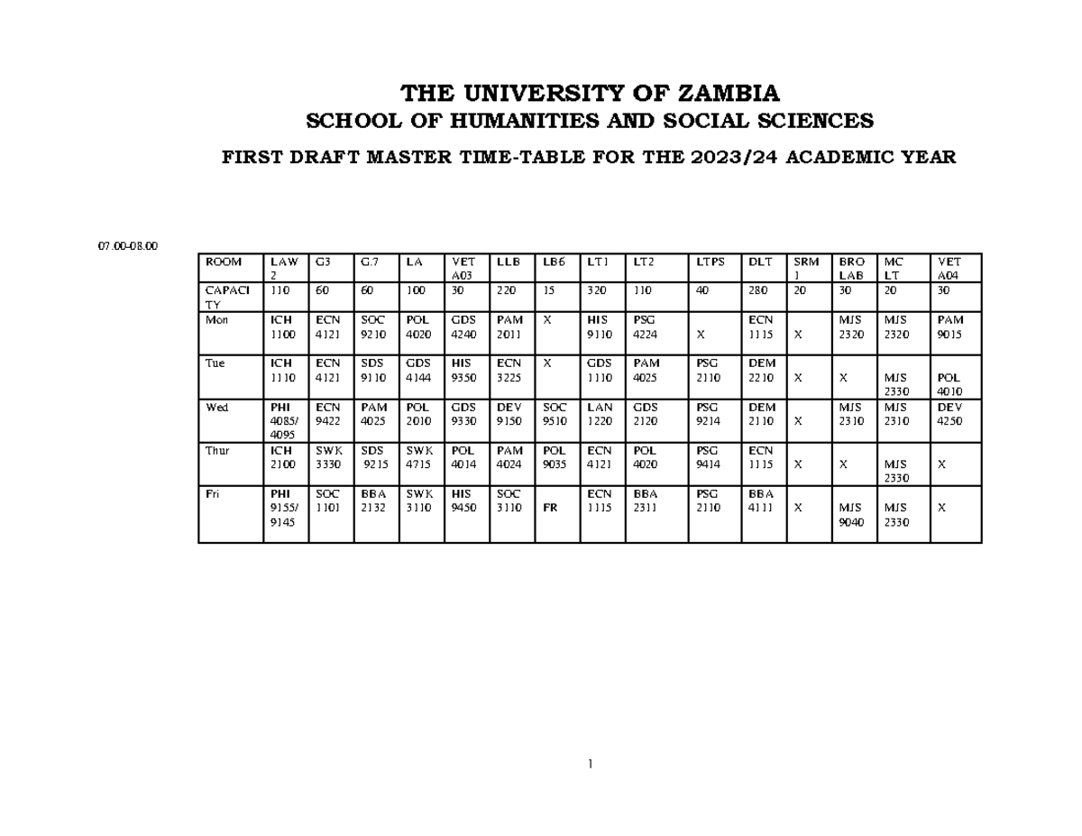HSS 1st Draft Class Timetable 202324 SCHOOL OF HUMANITIES AND SOCIAL
