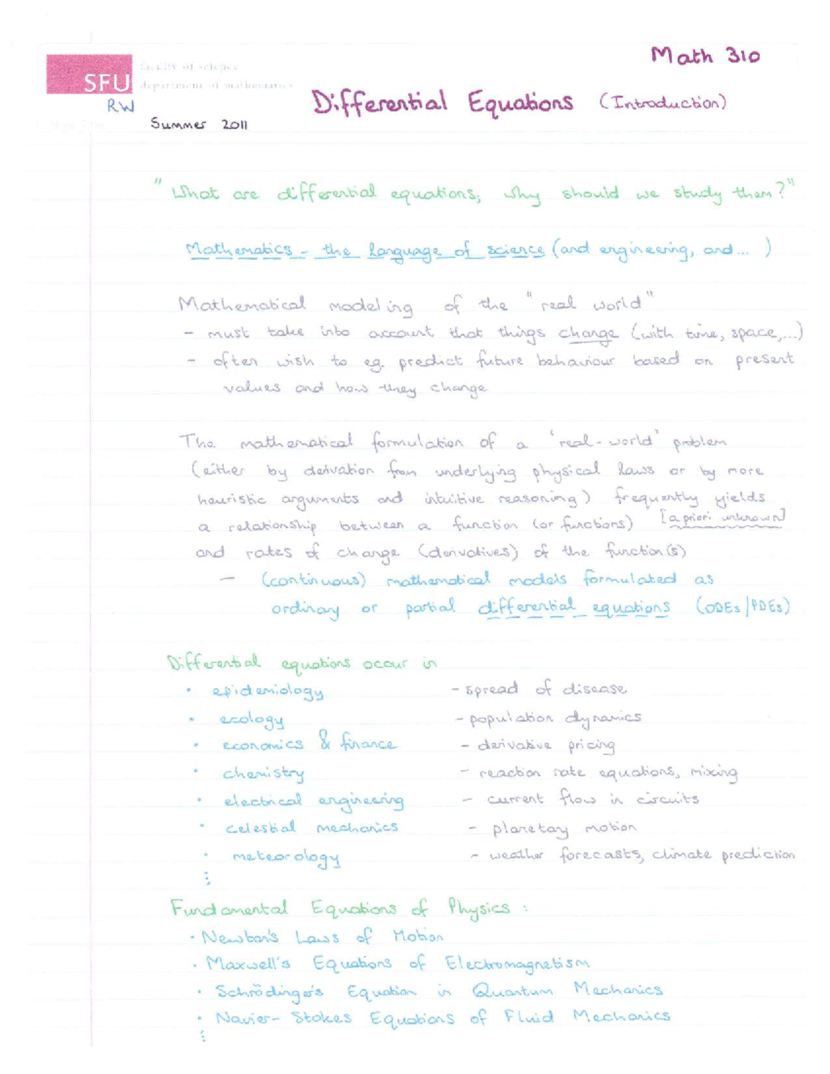Introduction To Ordinary Differential Equations Lecture Notes 1 2 T Llrl T Lr Ll Introduction To Ordinary Differential Equations Lecture Notes 1 2 T Llrl T Lr Ll