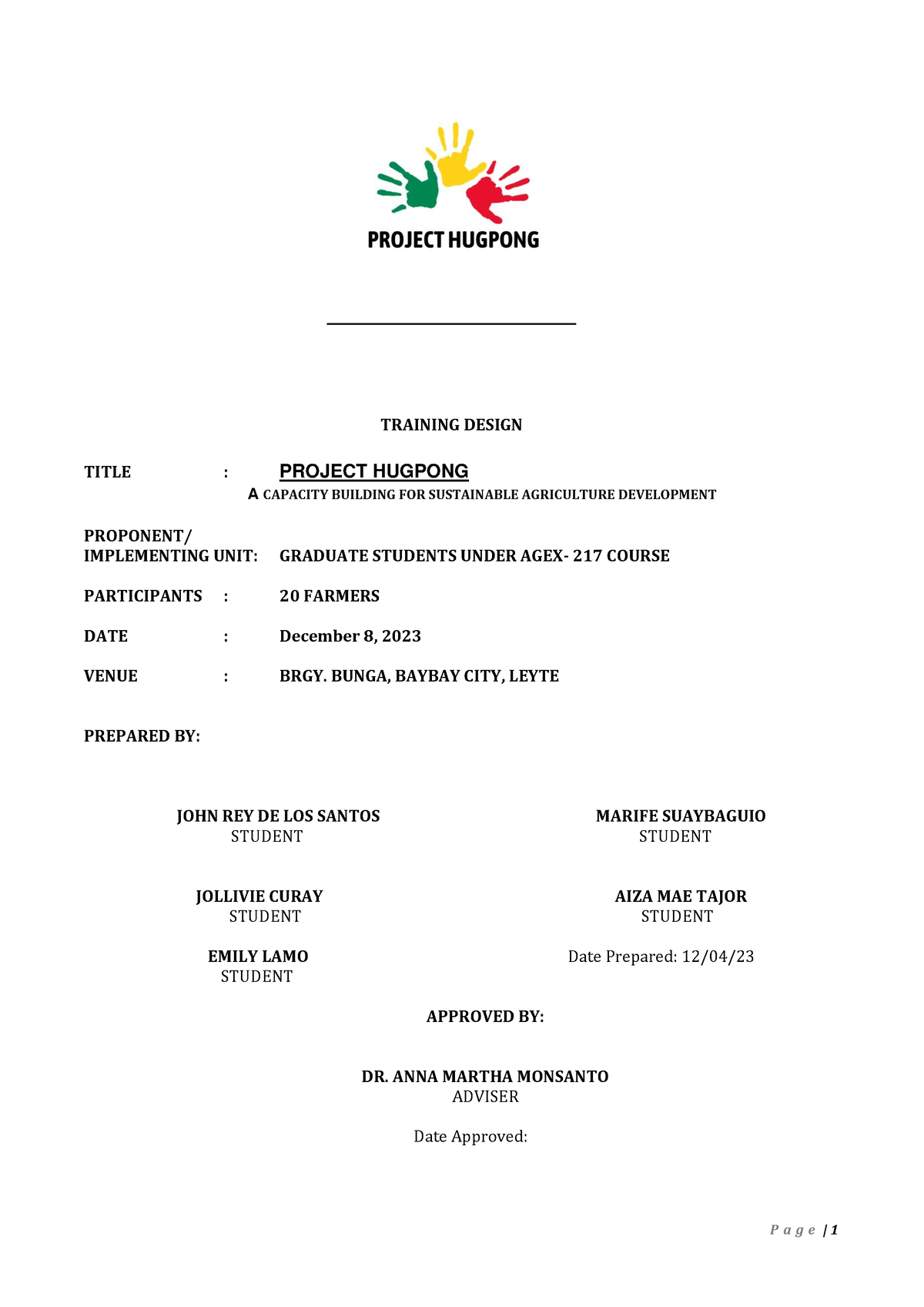 Project Hugpong - TRAINING DESIGN TITLE : PROJECT HUGPONG A CAPACITY ...