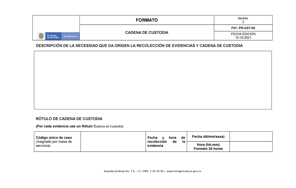 Formato Cadena De Custodia V2 Formato 2 Cadena De Custodia F01 Pr Gst Fecha EdiciÓn 15 10 8441