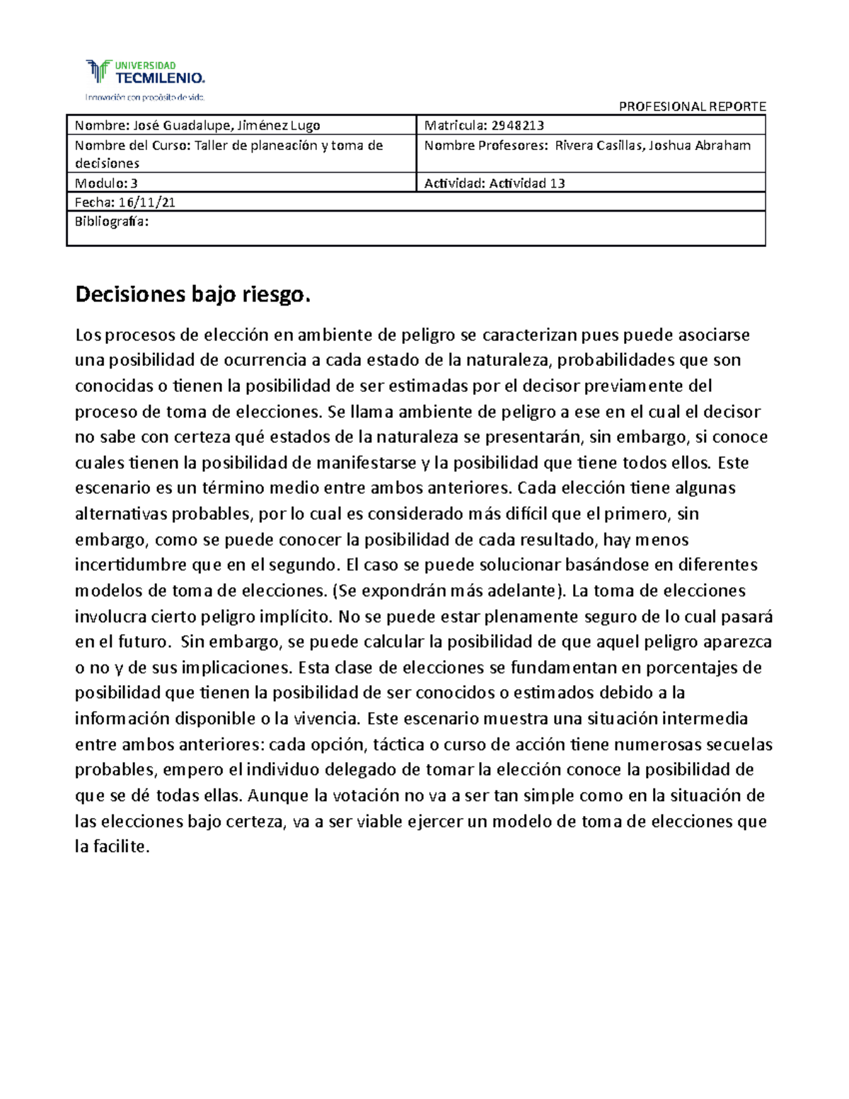 Taller De Planeación Y Toma De Decisiones Actividad 13 Tecmilenio ...