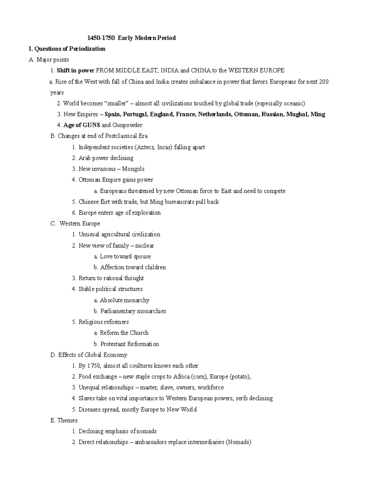 Major Review Outline 1450 to 1750 - 1450-1750 Early Modern Period I ...