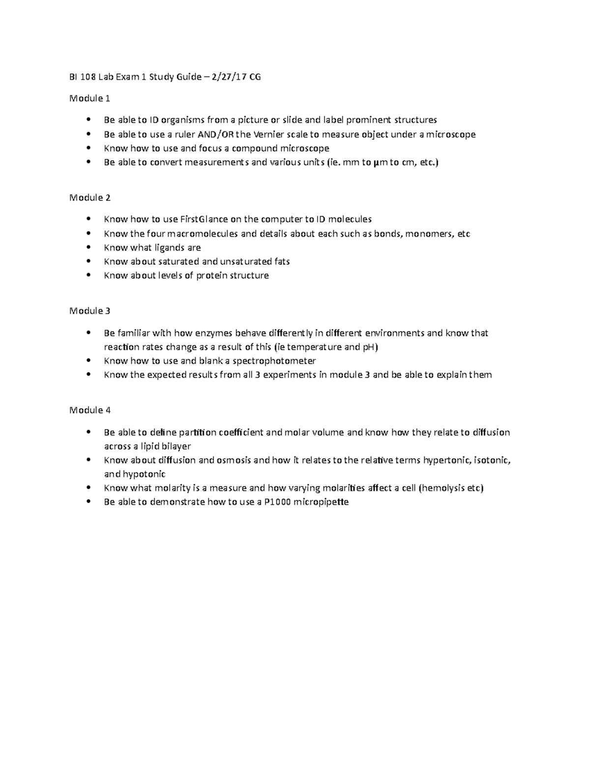 BI108 Spring 2017 Lab Exam 1 Study Guide - BI 108 Lab Exam 1 Study ...