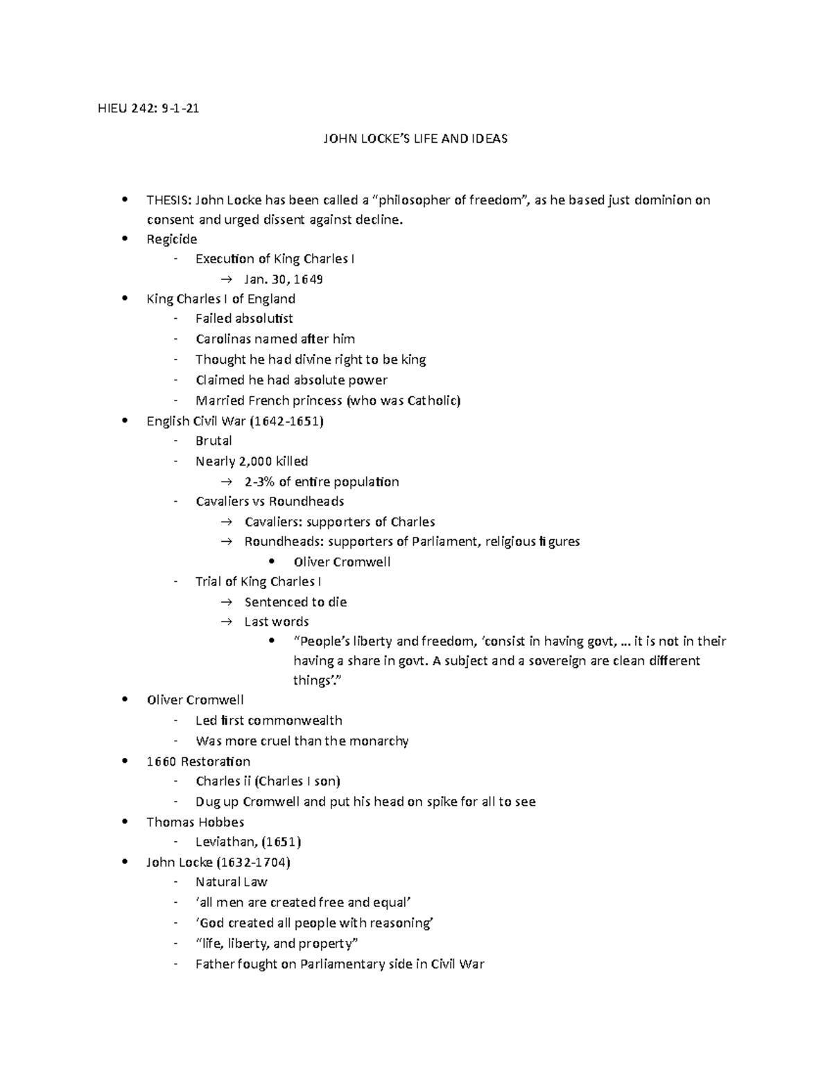 9-1-21 Notes - Vejas Gabriel Liulevicius - HIEU 242: 9-1- JOHN LOCKE’S ...