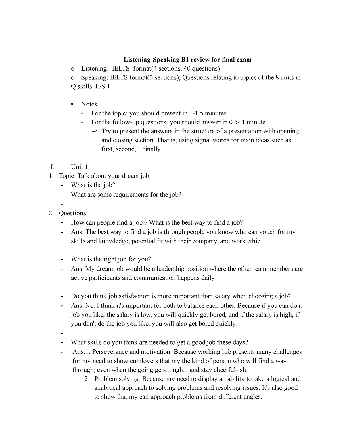 Final Test Review- Speaking - Listening-Speaking B1 Review For Final ...