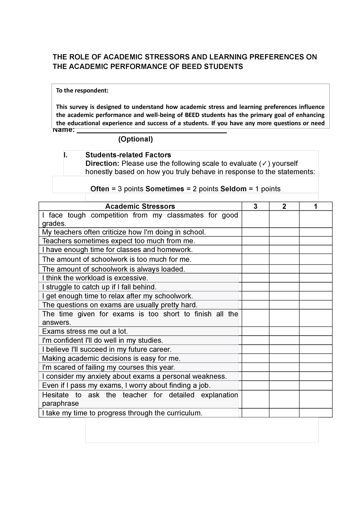 Questionnaire - I HOPE THIS COULD HELP YOU - THE ROLE OF ACADEMIC ...