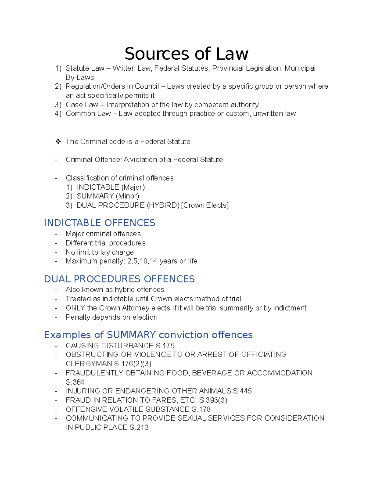 Week 1-2 Notes - Sources of Law Statute Law – Written Law, Federal ...