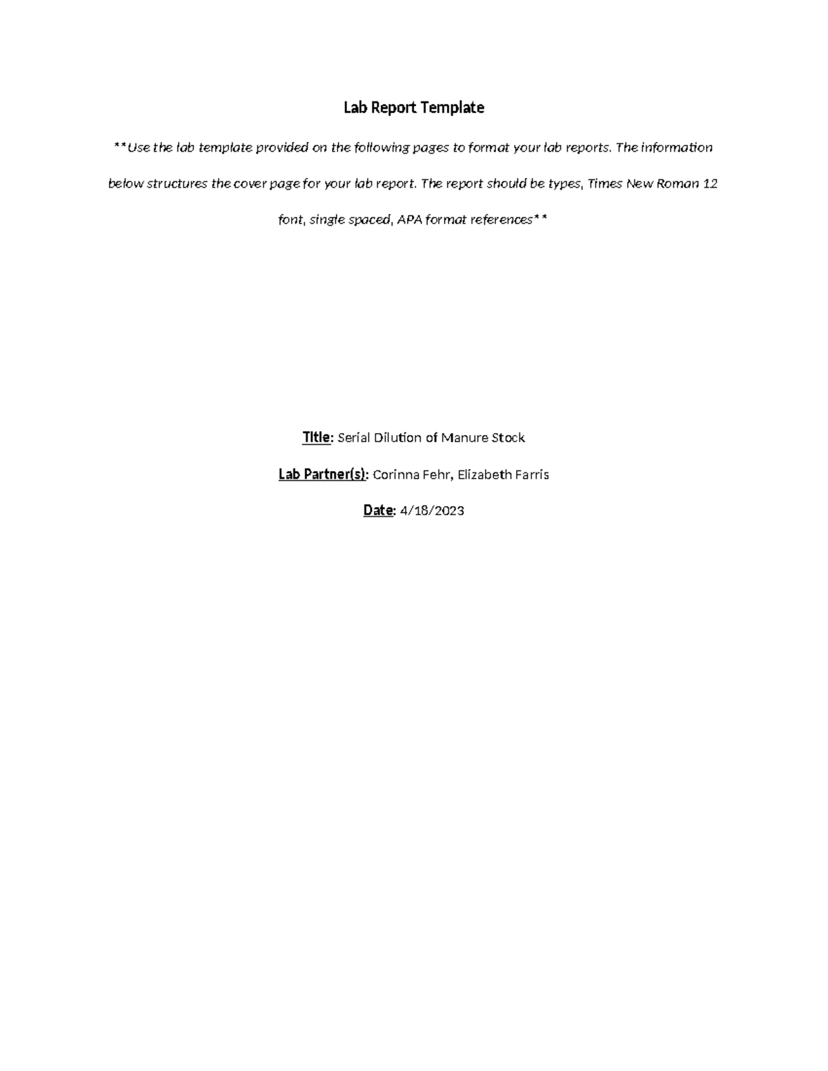 Serial dilution lab report Draft Lab Report Template Use the lab