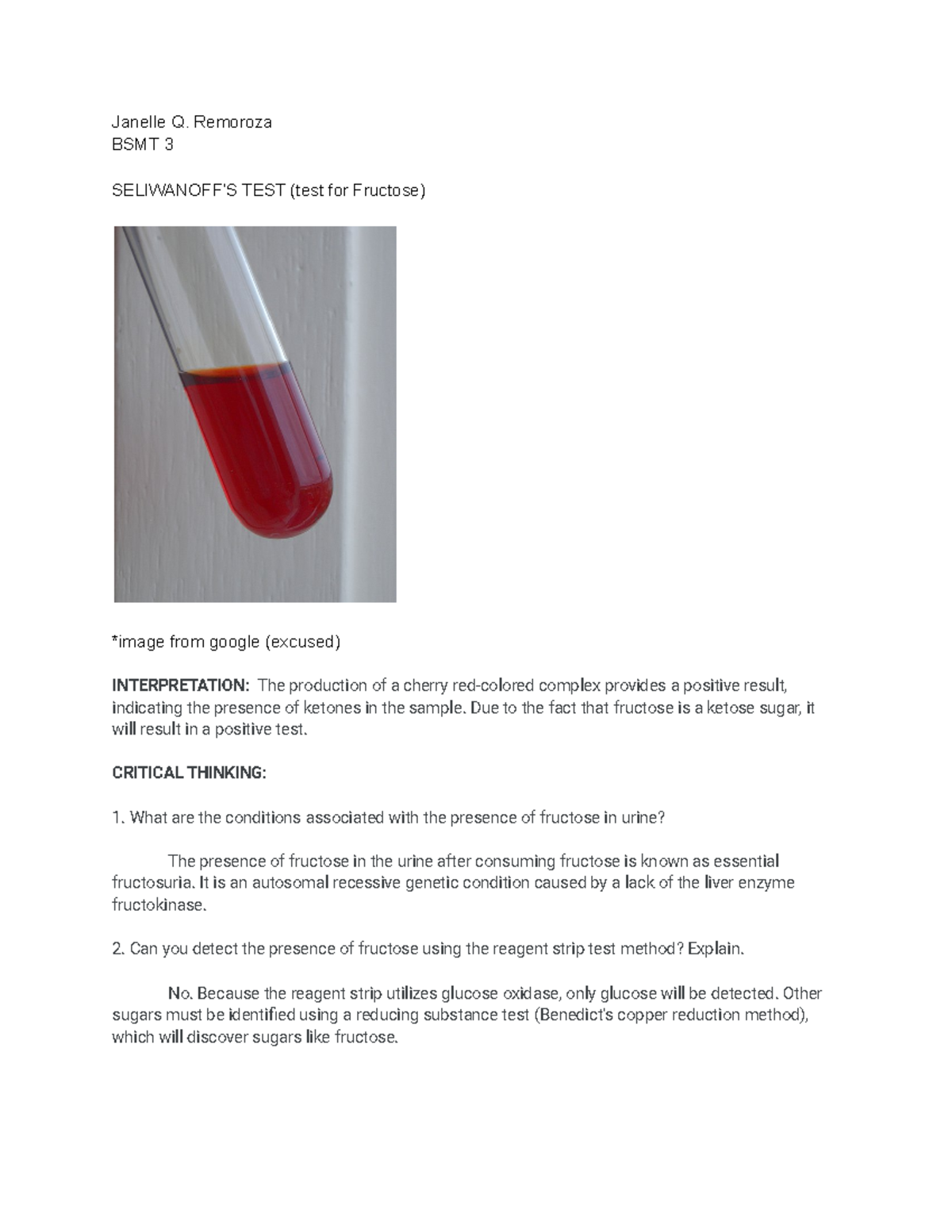 Chem Exam Urine Remoroza Janelle Q. Remoroza BSMT 3 SELIWANOFF’S TEST