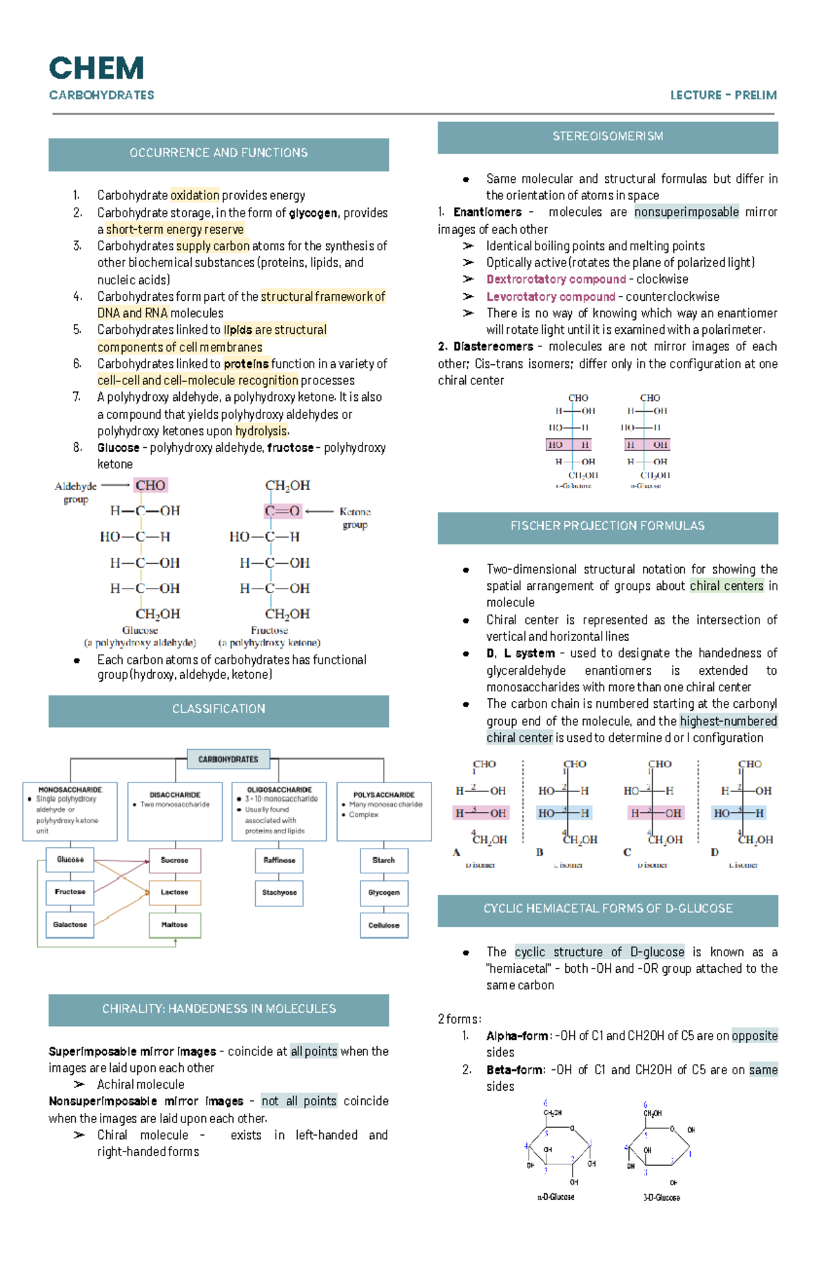 Biochem LEC midterm CHEM CARBOHYDRATES LECTURE PRELIM OCCURRENCE