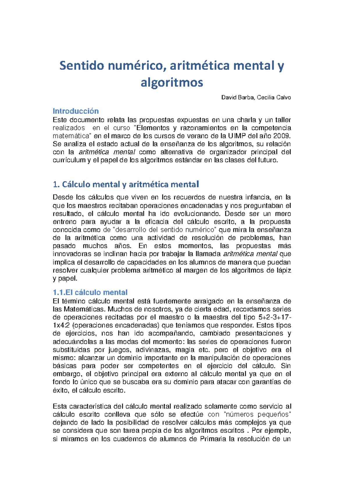 Sentido numérico, aritmética mental y algoritmos - Sentido numérico ...