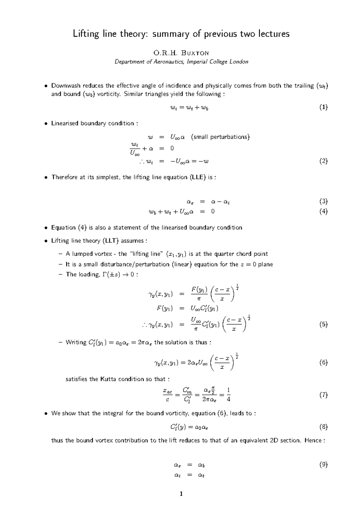 Lifting line summary - notes - Lifting line theory: summary of previous ...
