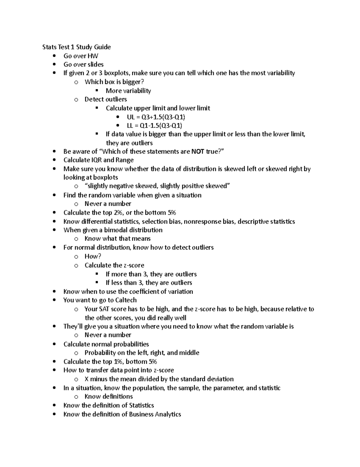 Stats Test 1 Study Guide - Stats Test 1 Study Guide Go over HW Go over ...