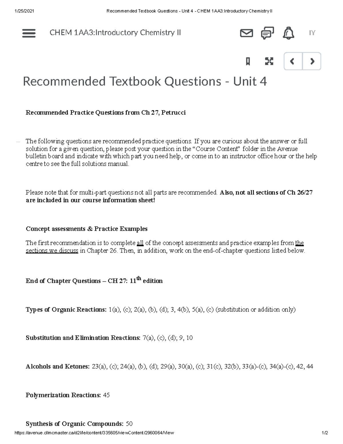 Chapter 27 Questions textbook - 1/25/2021 Recommended Textbook ...