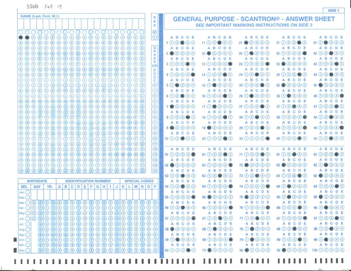 Exams 1 2 3 keys fall 2019 - SIDE 1 GENERAL PURPOSE - SCANTRON