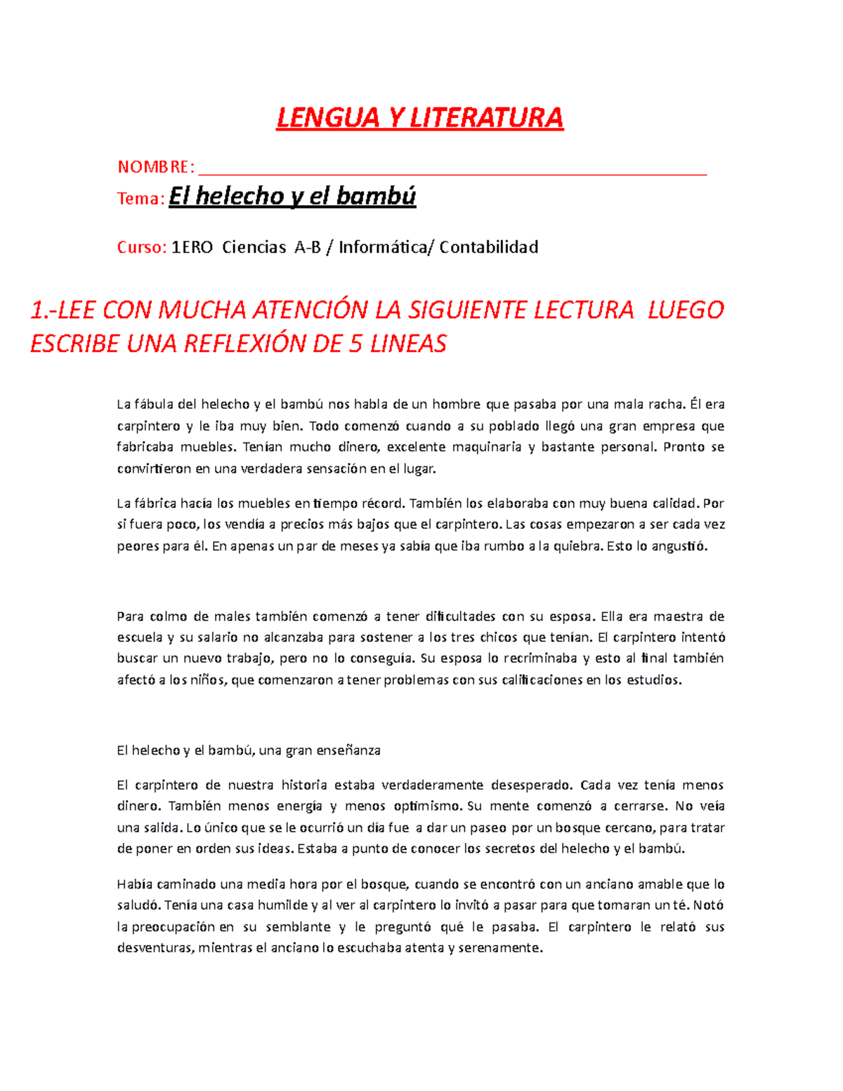 El helecho y el bambú - LENGUA Y LITERATURA NOMBRE: - Studocu
