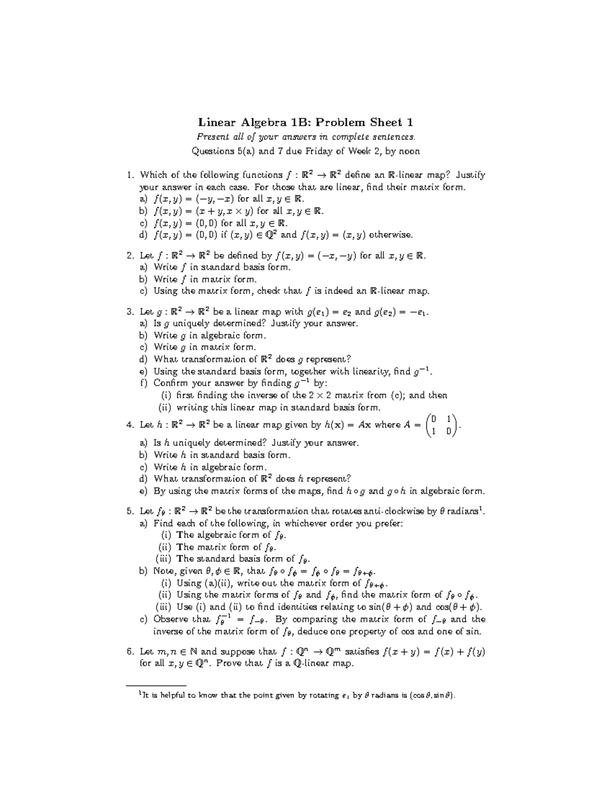 TB2 Lecture notes - Linear Algebra 1B: Problem Sheet 1 Present all of ...