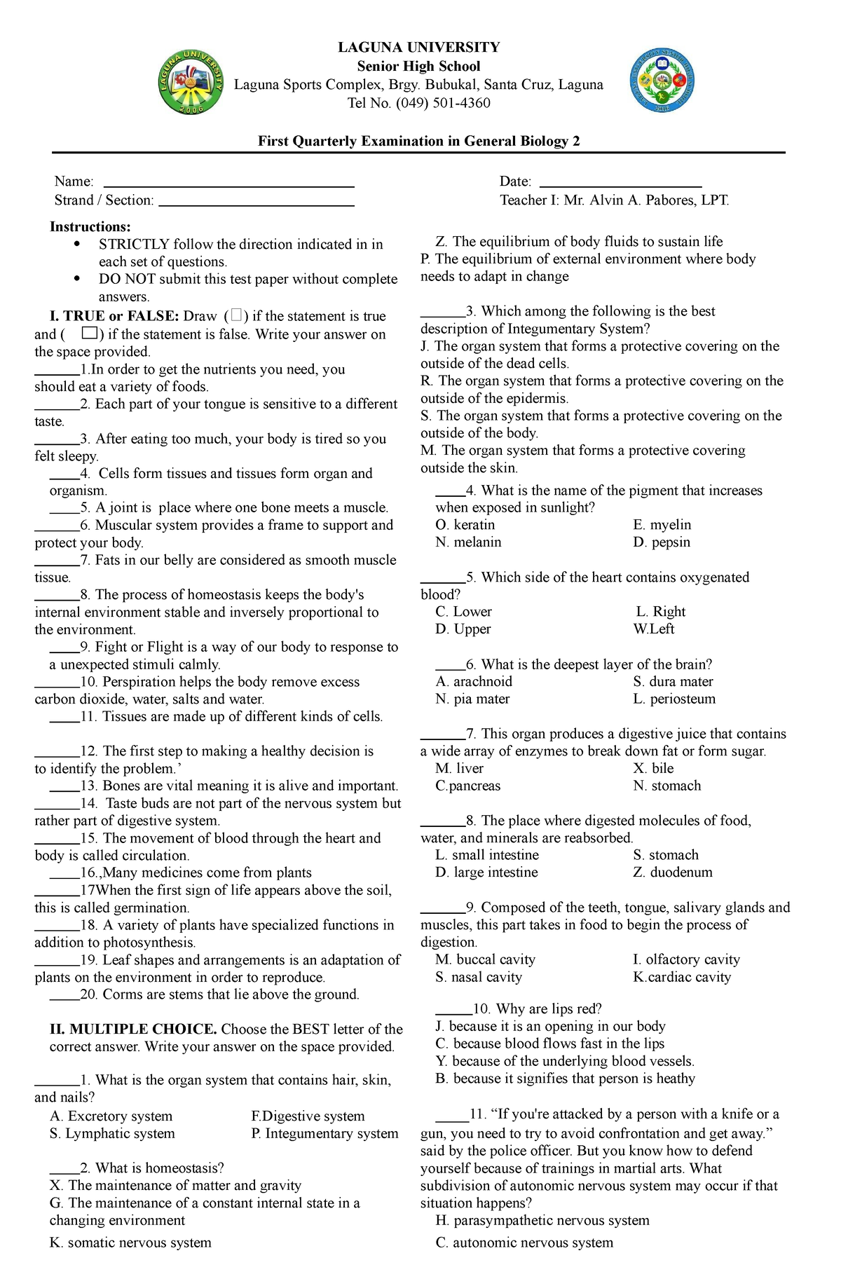 1st quarterly exam in general bio - LAGUNA UNIVERSITY Senior High ...