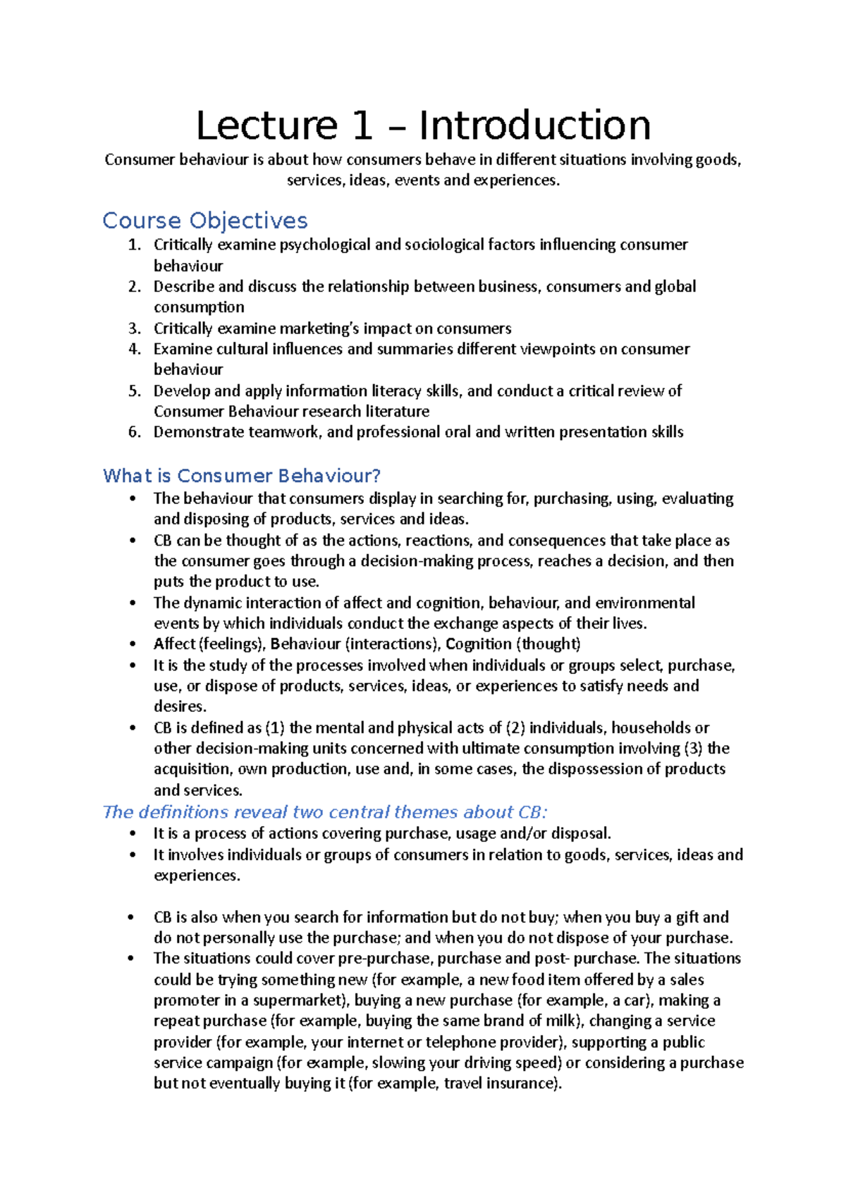 MART210 Lecture Notes - Lecture 1 – Introduction Consumer behaviour is ...