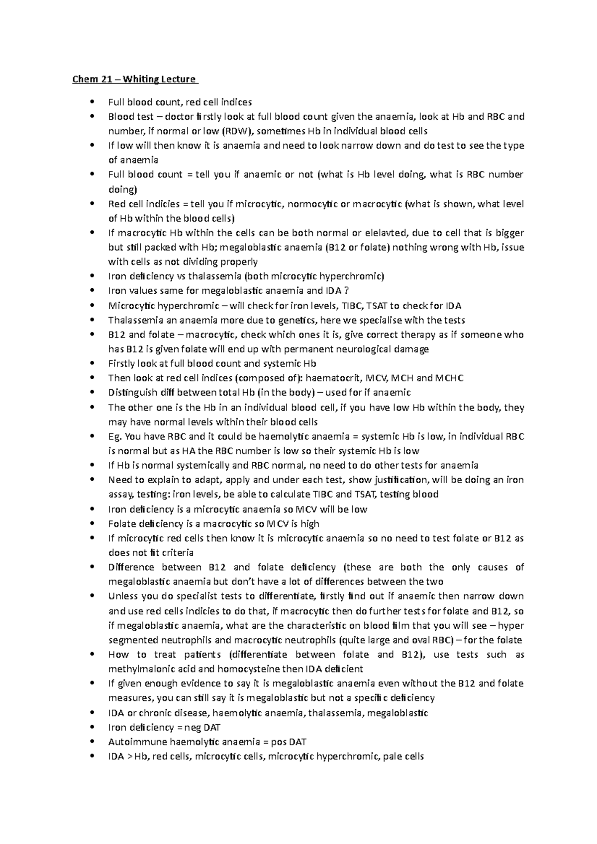 Chem 21 Whiting Haematolgy information and prep for the laborataory
