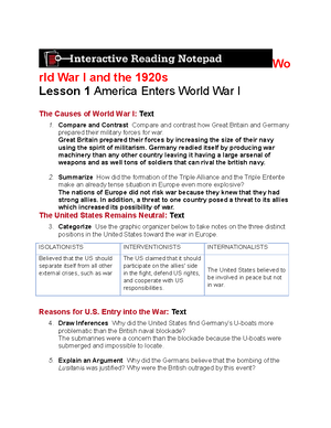 Topic 12.1 and 12.2 WWI Reading Questions - Wo rld War I and the 1920s Lesson 1 America Enters World - Studocu topic-12-1-and-12-2-wwi-reading-questions-wo-rld-war-i-and-the-1920s-lesson-1-america-enters-world-studocu