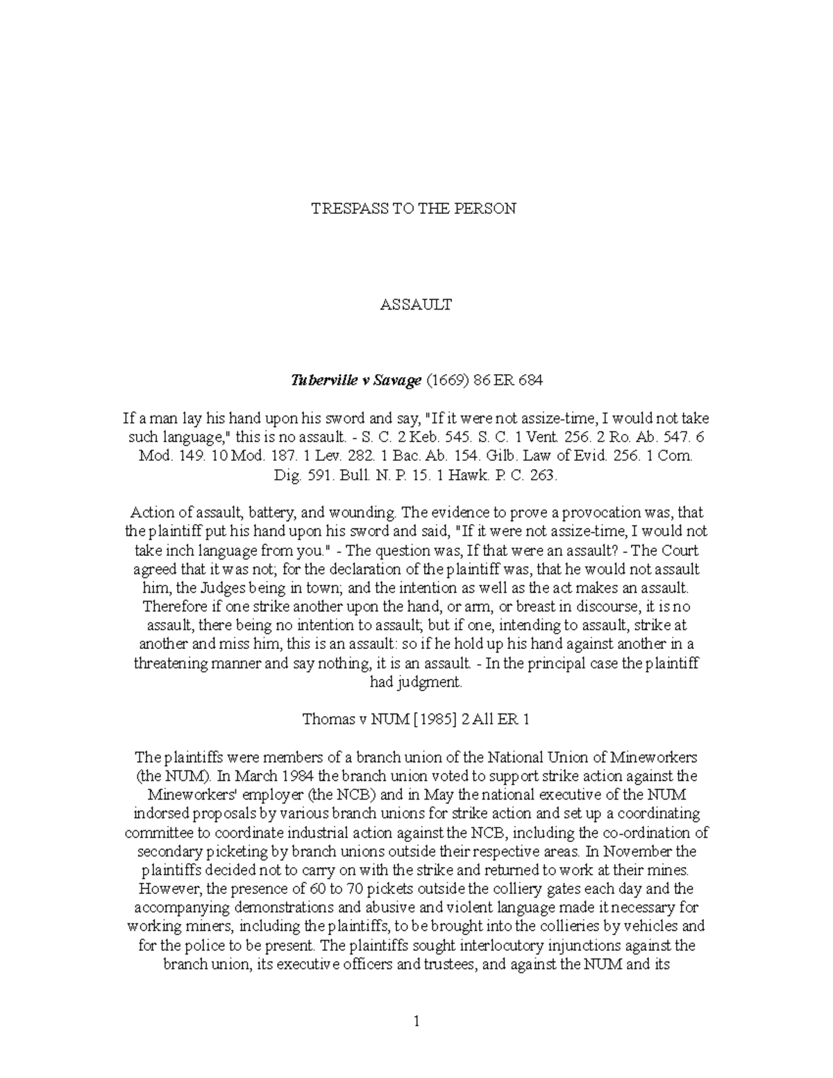 Cases ON Assault, Battery, False Imprisonment AND Defences - TRESPASS ...