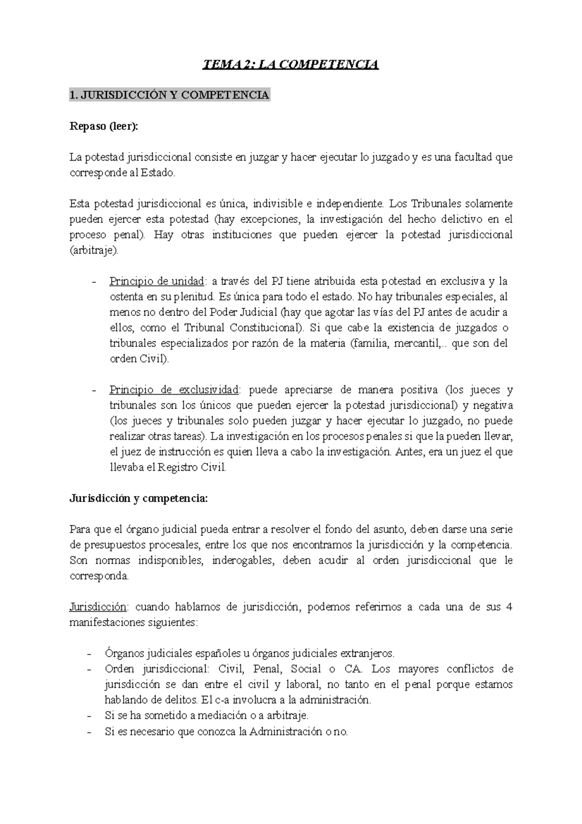 TEMA 2 Derecho Procesal Civil - TEMA 2: LA COMPETENCIA 1. JURISDICCIÓN ...