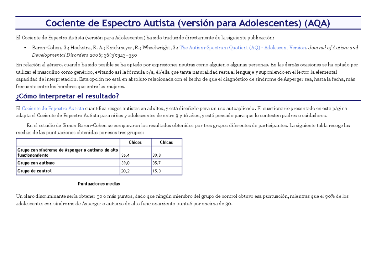 Cociente De Espectro Autista Versión Para Niños Aqc Pdf