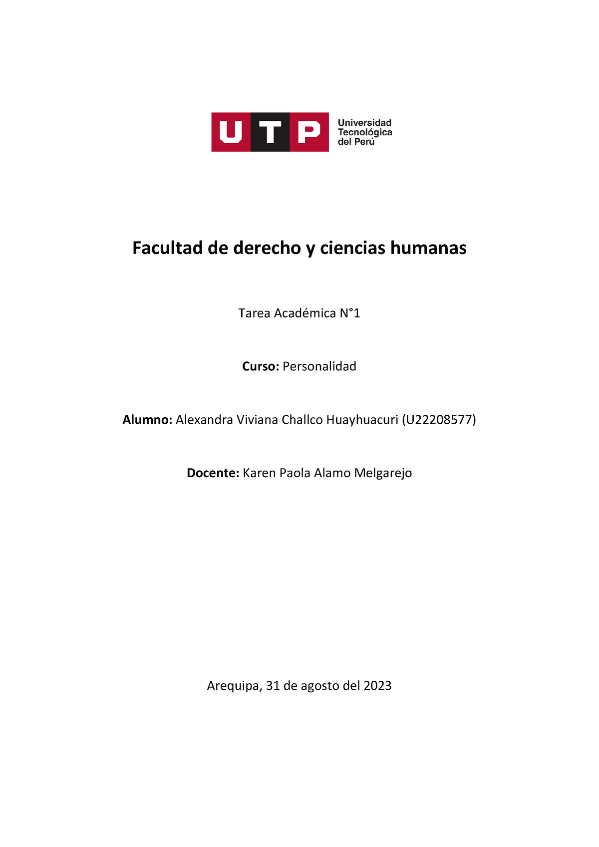 Tarea Academica Personalidad Facultad de derecho y ciencias humanas Tarea AcadÈmica N Curso