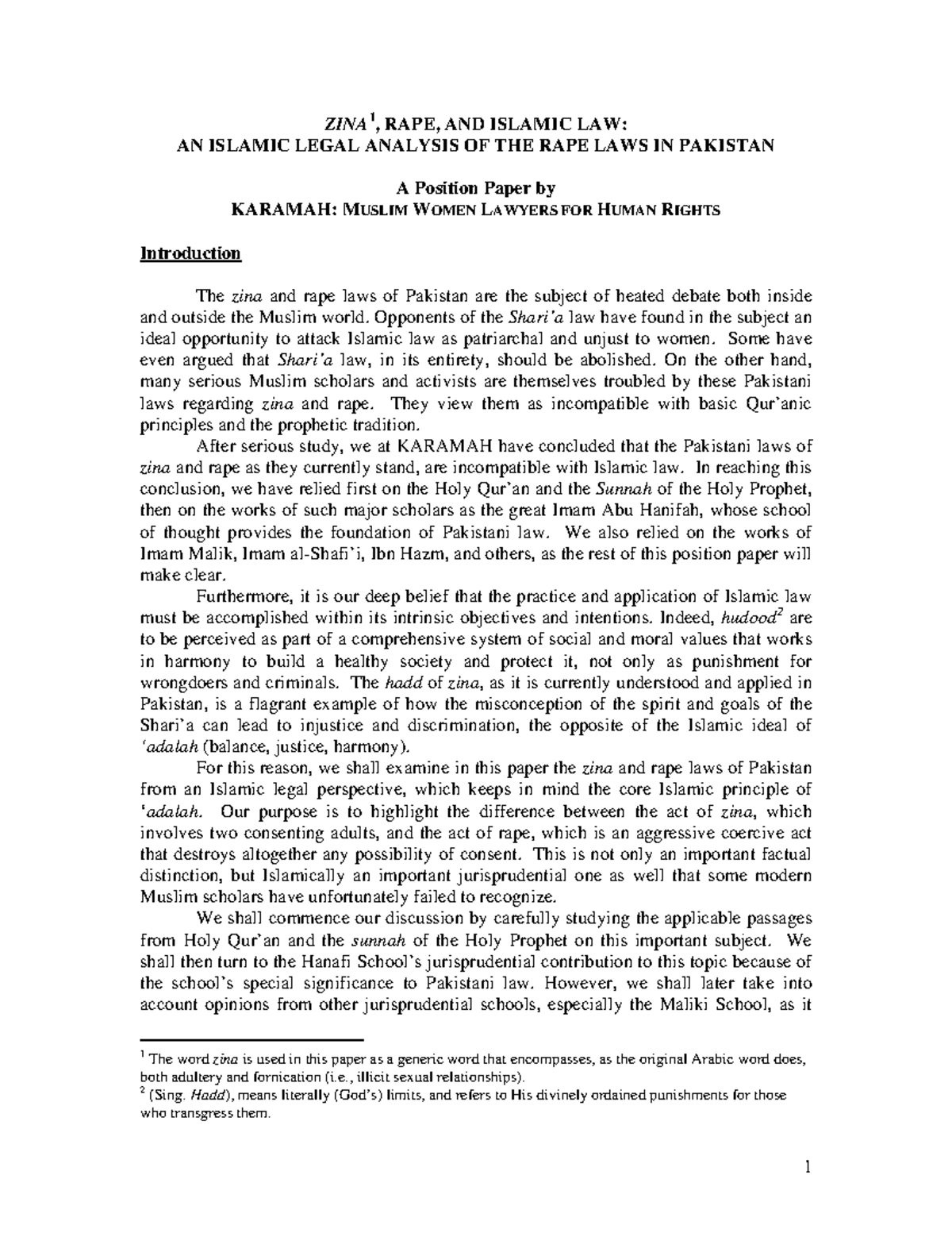 Zina Rape and Islamic Law An Islamic Legal Analysis of the Rape Laws in