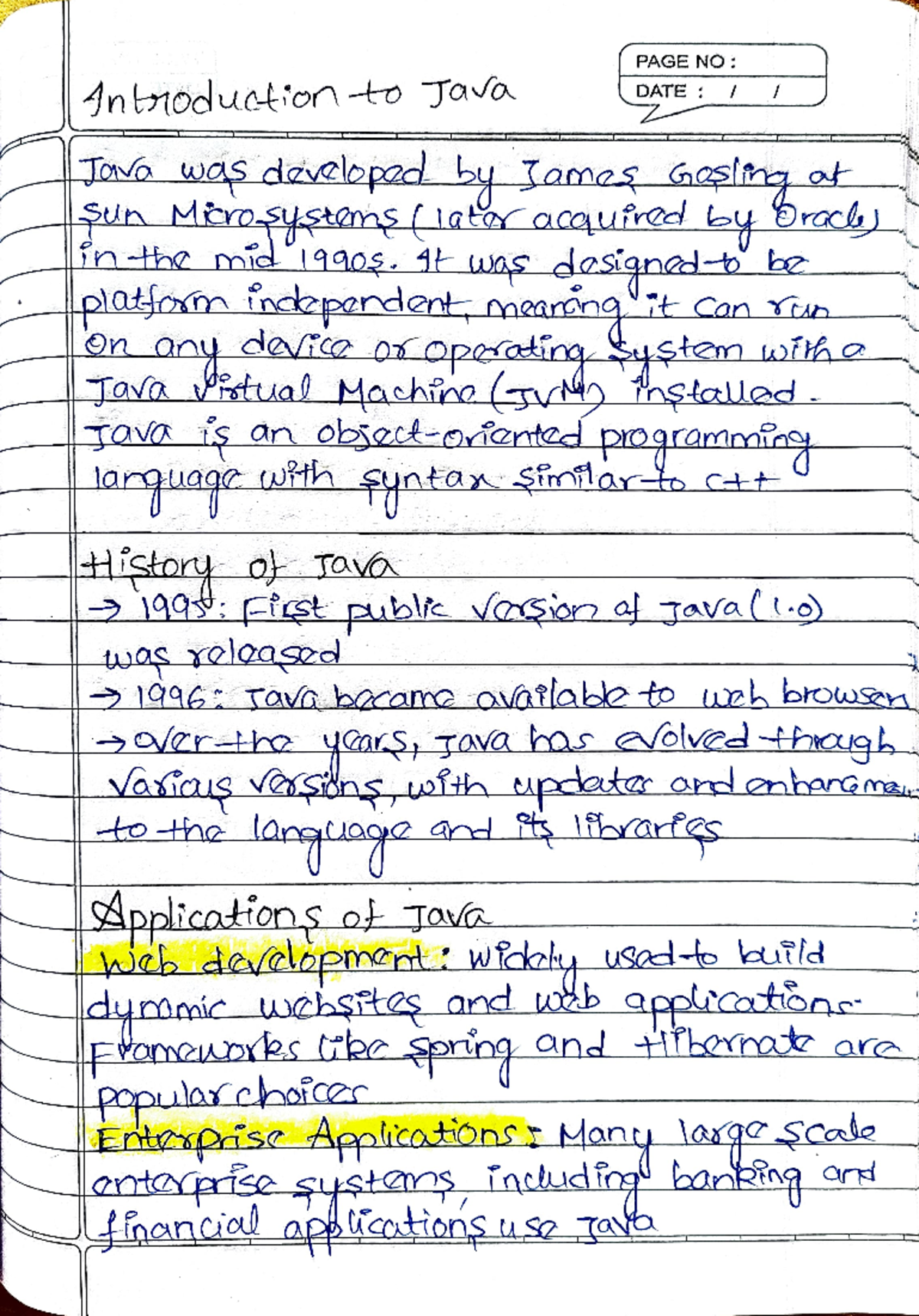 JAVA Notes - ;,:.r~~' ,. PAGE NO: I I iti~~.ll..!...~ - Studocu