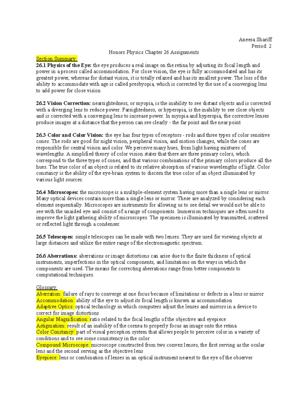 Physics Chapter 26 Assignments - Aneesa Shariff Period: 2 Honors ...