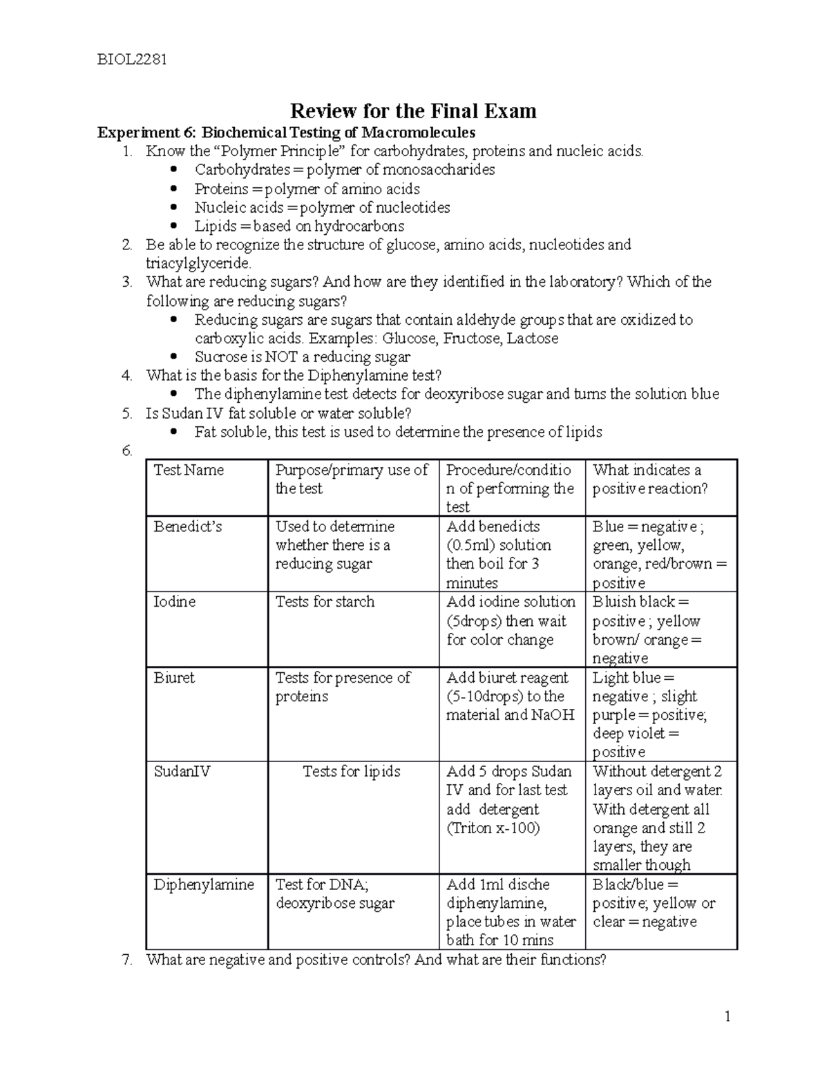 Final Review - BIOL2281 Review for the Final Exam Experiment 6 ...
