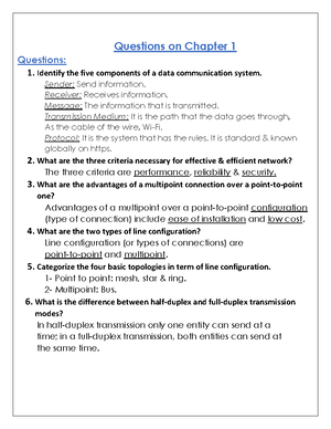 Questions on Chapter 1 - Data Communications and Networking