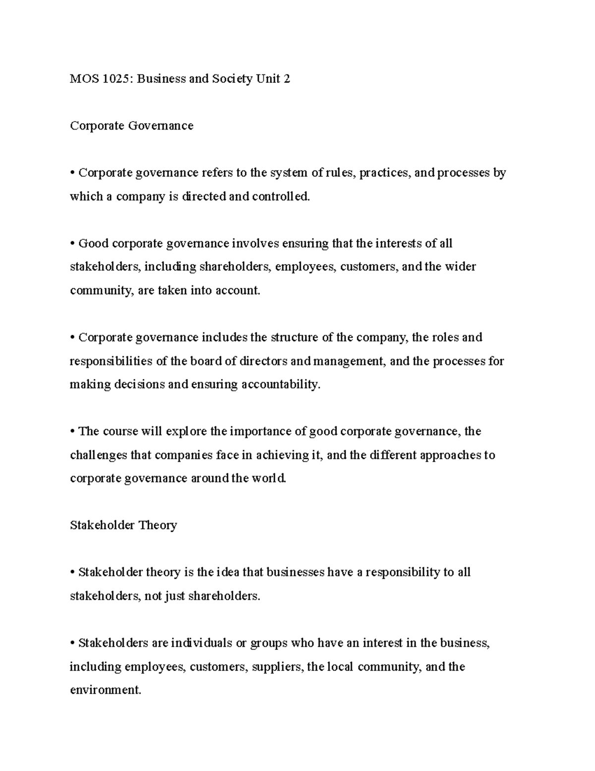 MOS 1023 Unit 2 - unit 2 notes - MOS 1025: Business and Society Unit 2 ...