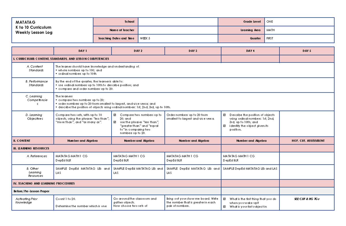 W5 Q1 MATH1 Matatag DLL - Practice.. - MATATAG K To 10 Curriculum ...