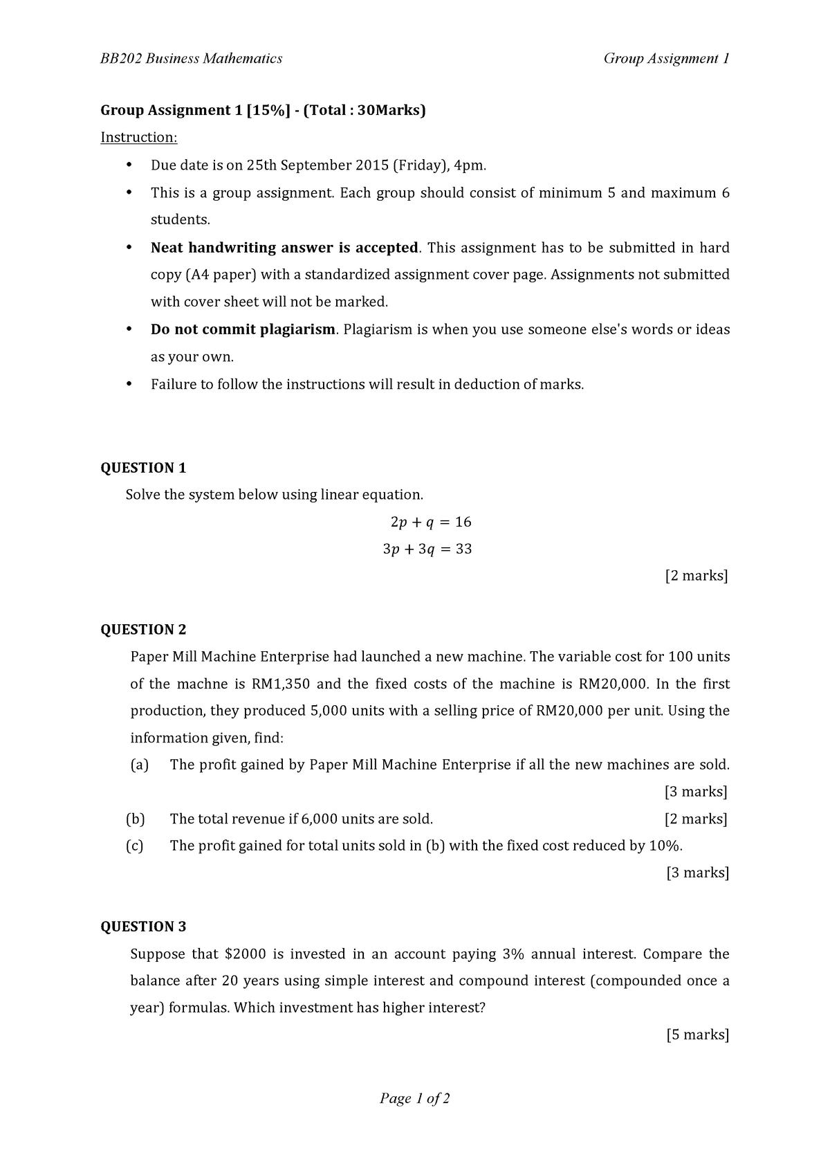 business mathematics assignment 1