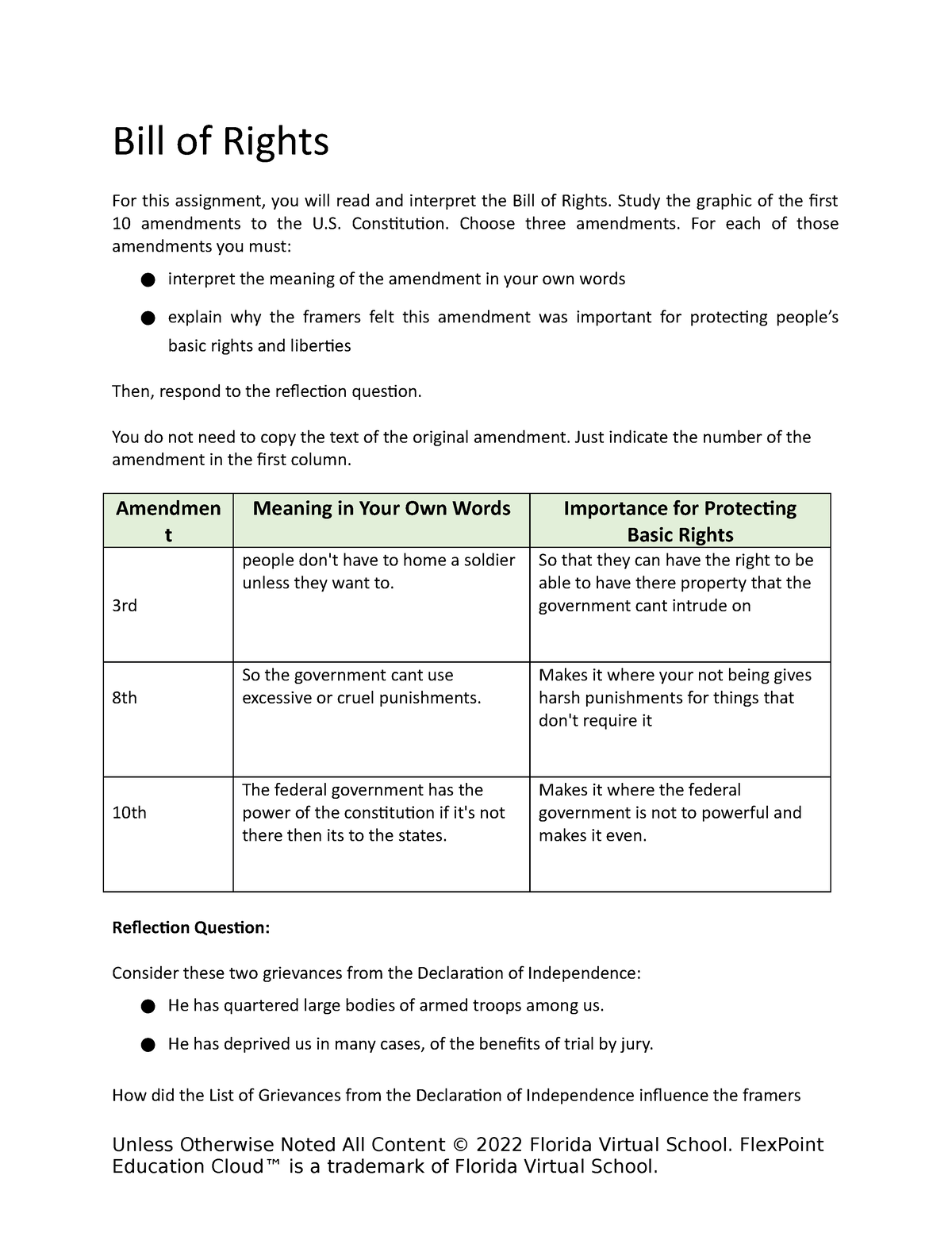 bill of rights assignment answer key