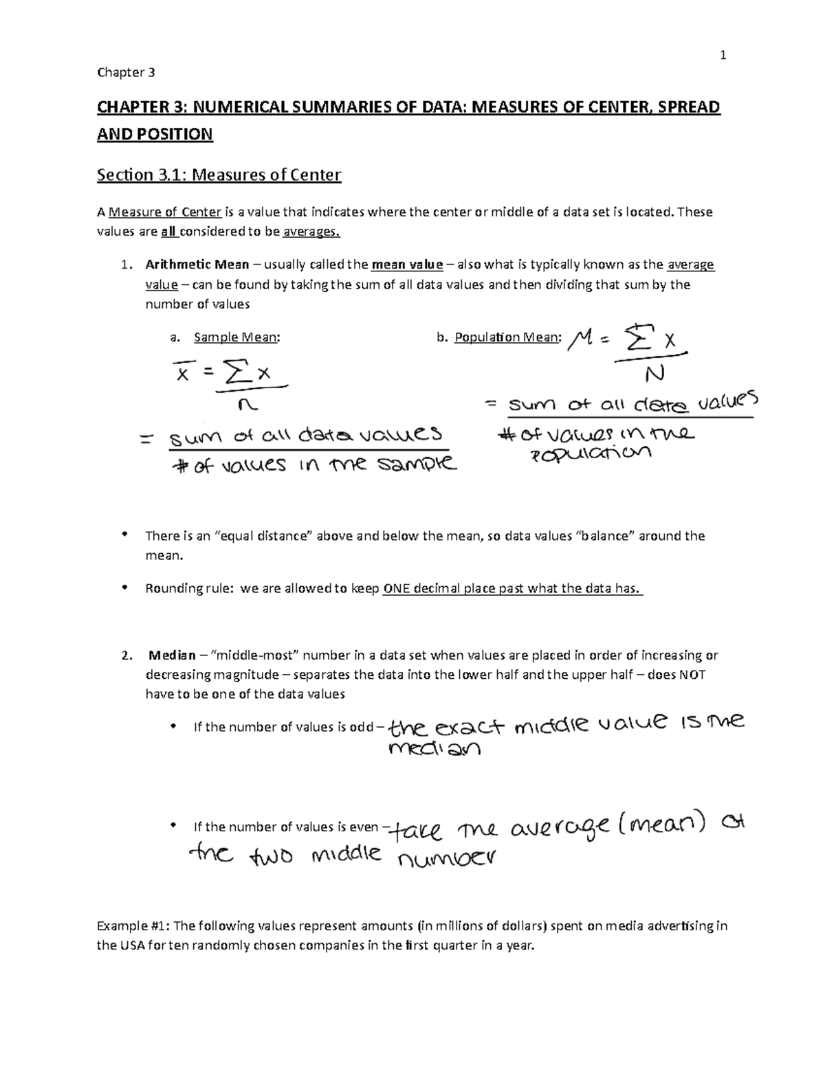 Chapter 3 Notes - Chapter 3 CHAPTER 3: NUMERICAL SUMMARIES OF DATA ...