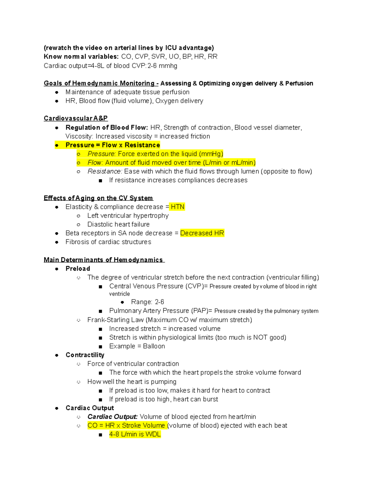 Copy of Hemodynamics - Notes on body blood and water flow - NSG 452 ...