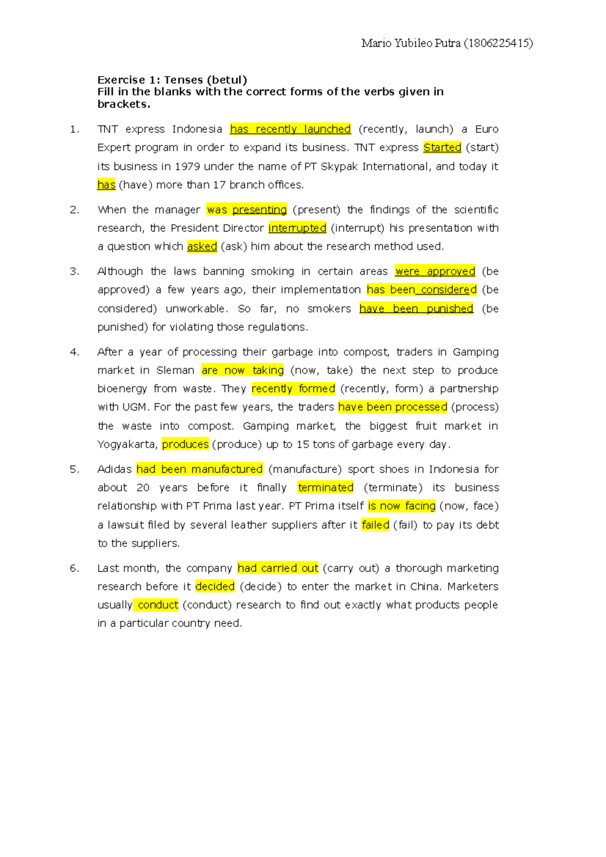 Exercise Exircise Tenses Studocu