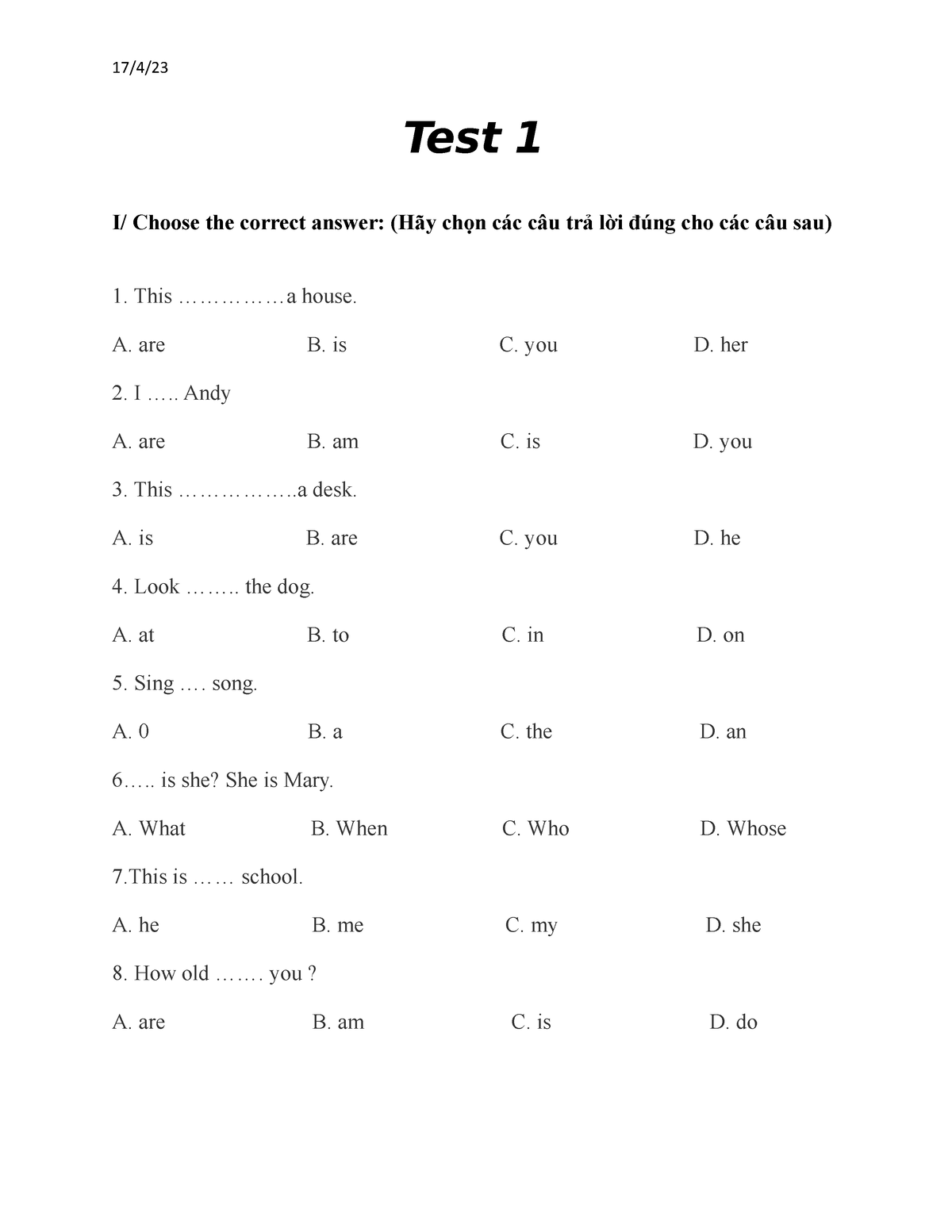 Test 1 - English - 17/4/ Test 1 I/ Choose The Correct Answer: (Hãy Chọn ...