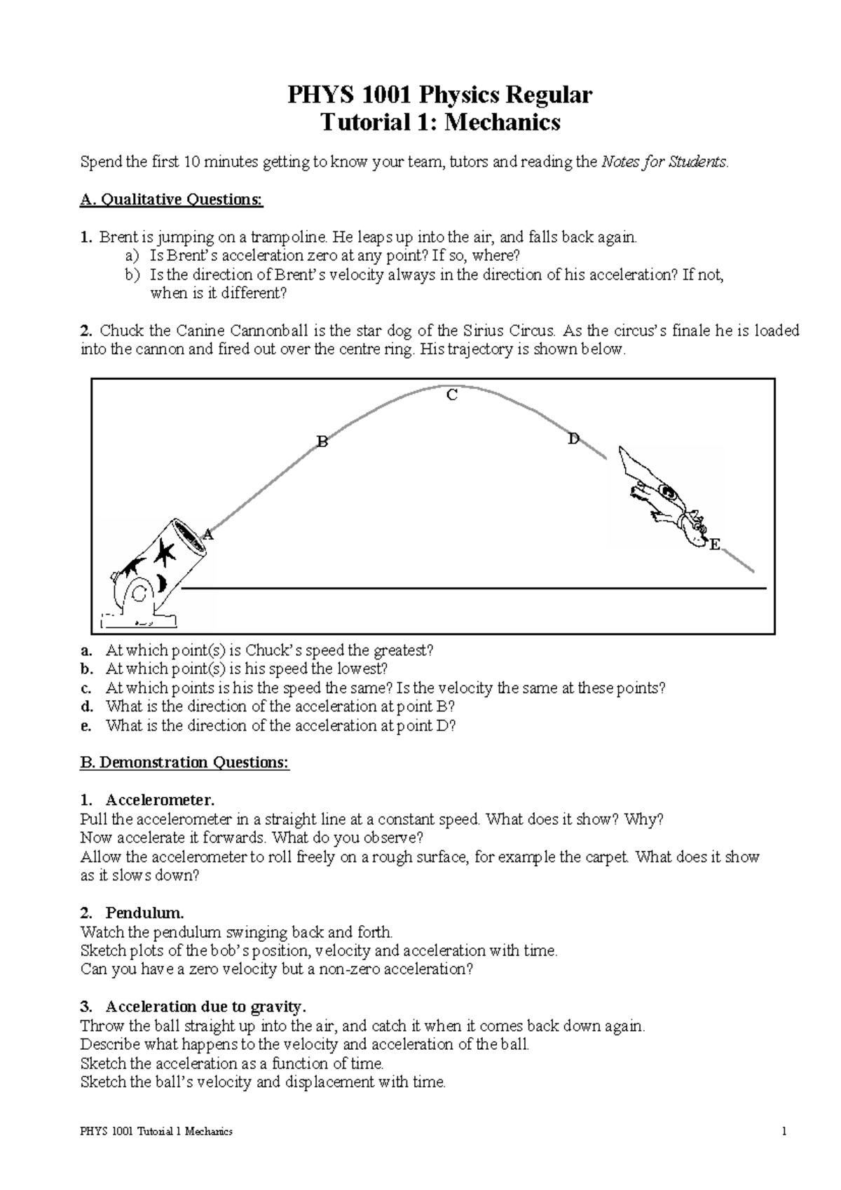 Tute01Reg Q dl - tutorial 1 - PHYS 1001 Tutorial 1 Mechanics 1 PHYS ...