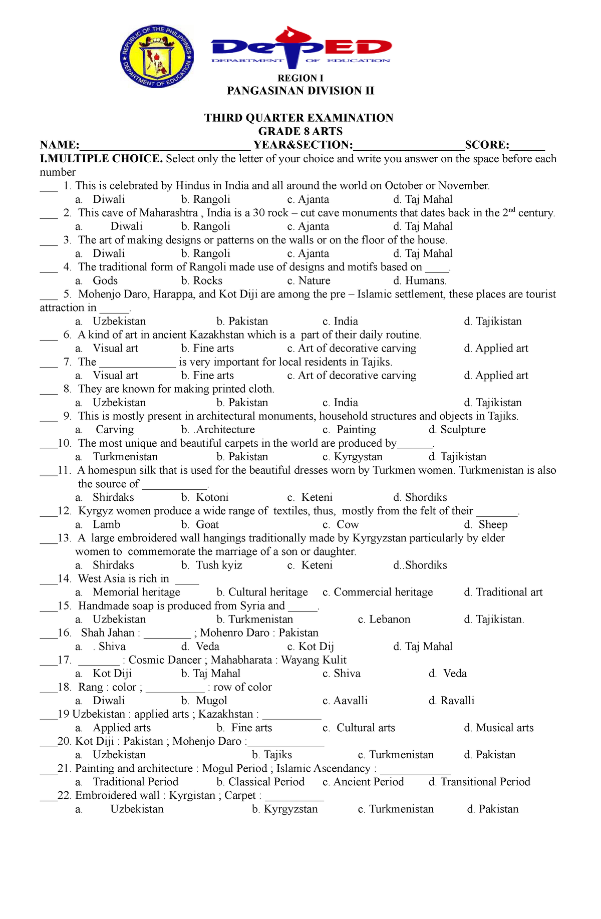 ARTS 8 3RD Quarterly EXAM edited - REGION I PANGASINAN DIVISION II ...