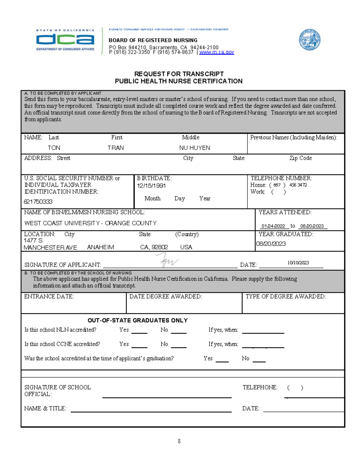 Request for Transcript - BOARD OF REGISTERED NURSING PO Box 944210 ...