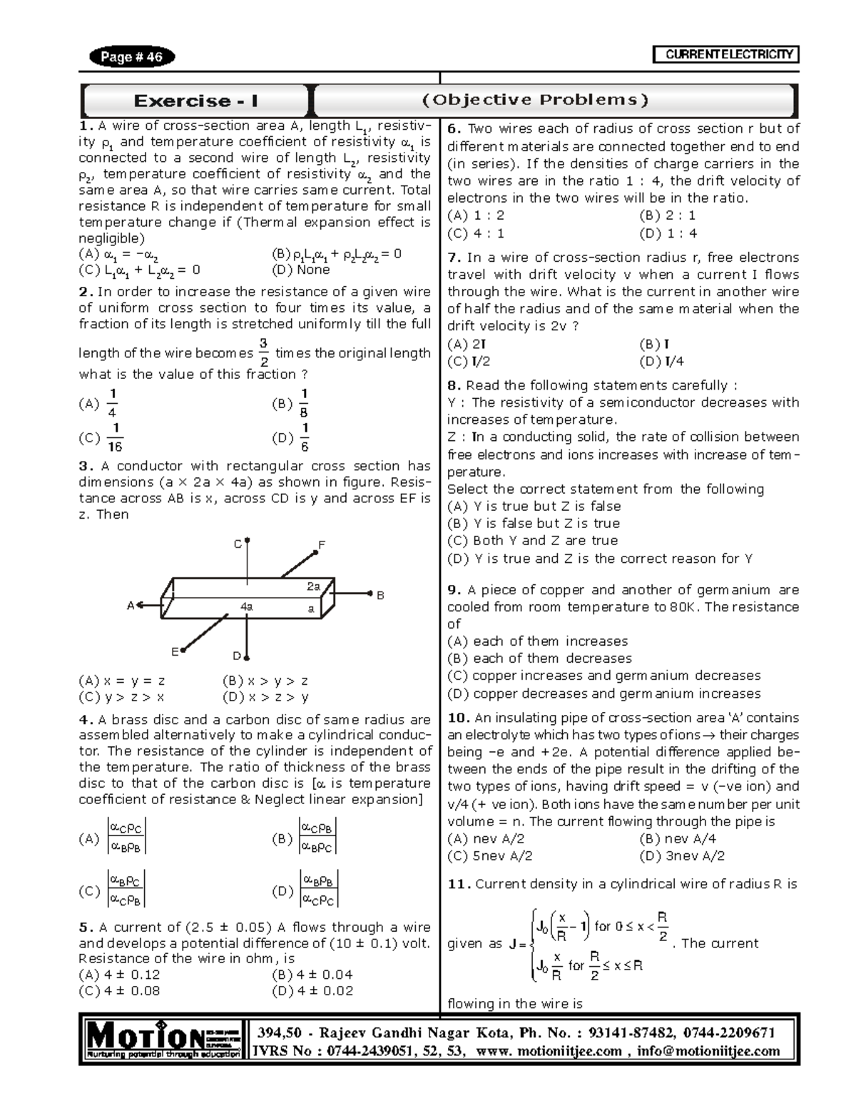 Current Electricity Test pdf 394,50 Rajeev Gandhi Nagar Kota, Ph